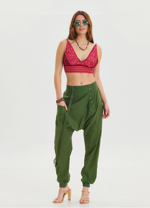 Khaki Bohemian Shalwar with Rope Detail and Elastic Waistband and Buttons 4554
